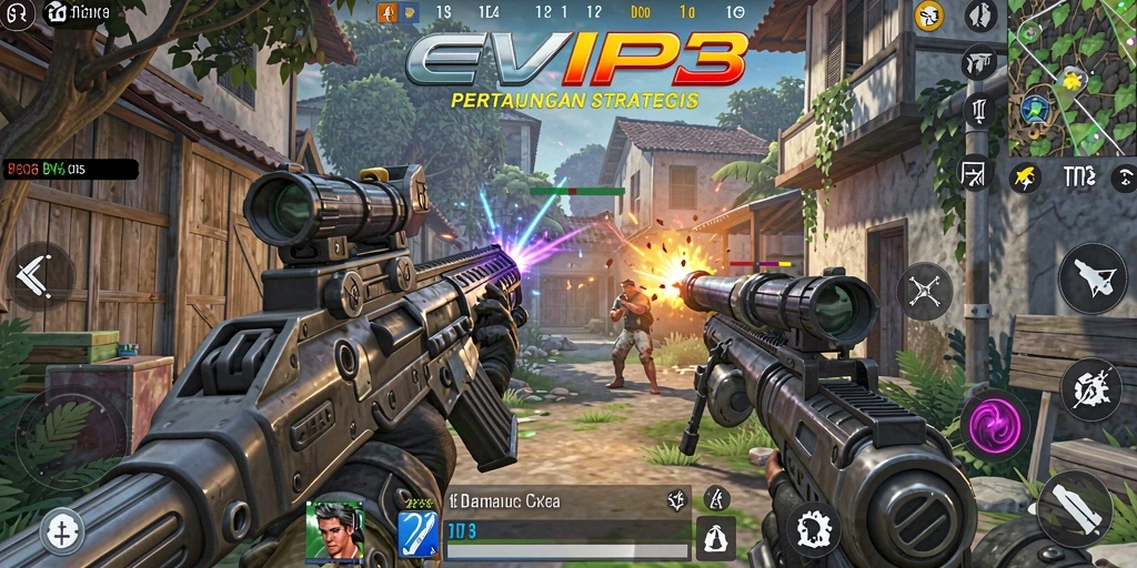 Screenshot gameplay EVIP3 menampilkan pertarungan seru dalam TPS.