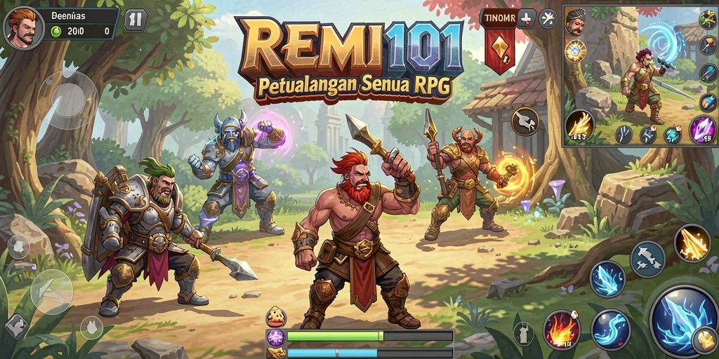 Tangkapan layar utama REMI101 menampilkan aksi pertempuran RPG yang epik.