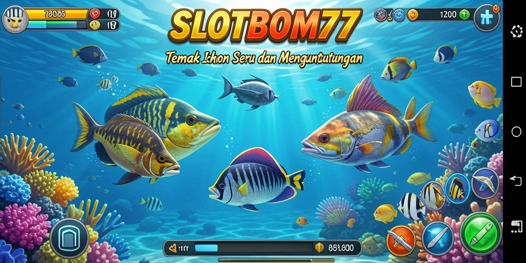 Screenshot gameplay SLOTBOM77 menampilkan aksi menembak ikan yang seru.
