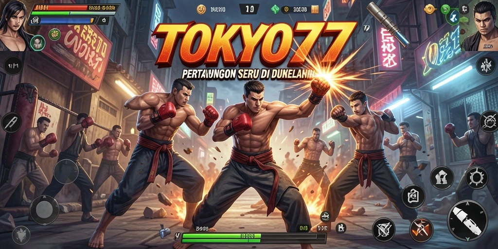 Tampilan gameplay menegangkan dalam <strong>TOKYO77</strong> saat karakter bertarung di arena.