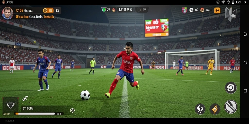 Tangkapan layar utama game X168 menampilkan aksi seru di lapangan sepak bola.